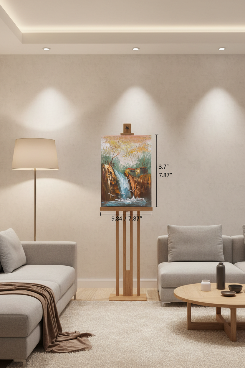 Waterfall and golden trees oil painting on wooden art stand in modern living room – no frame