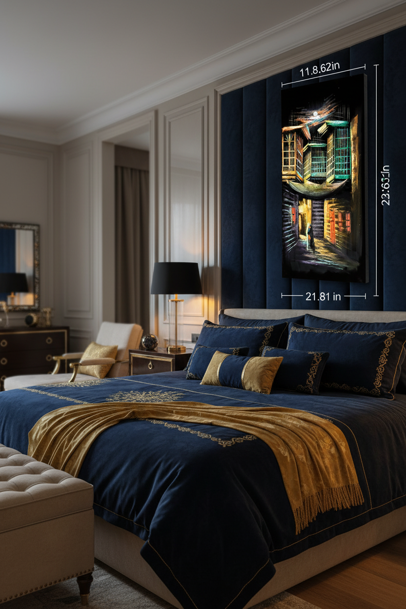 Original Iraqi shanasheel alleyway painting displayed unframed on a navy blue luxury bedroom wall
