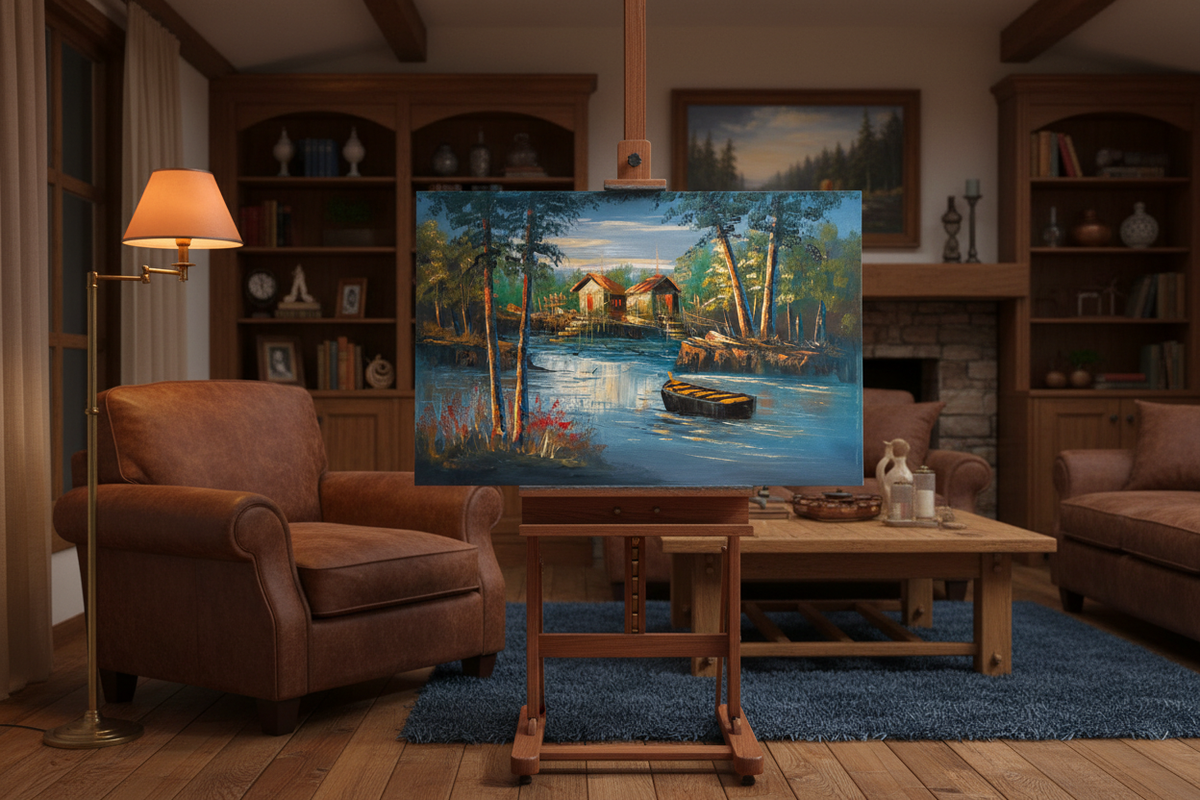 Original twilight lakeside cabin oil painting on a wooden easel stand in a warm rustic forest-toned living room, unframed canvas at correct scale