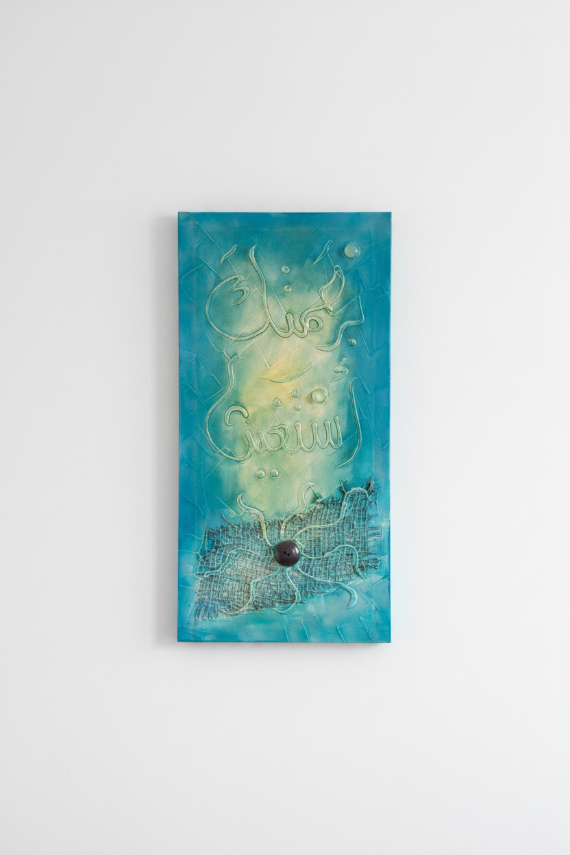 Islamic calligraphy Bismillah teal aqua canvas on empty white wall