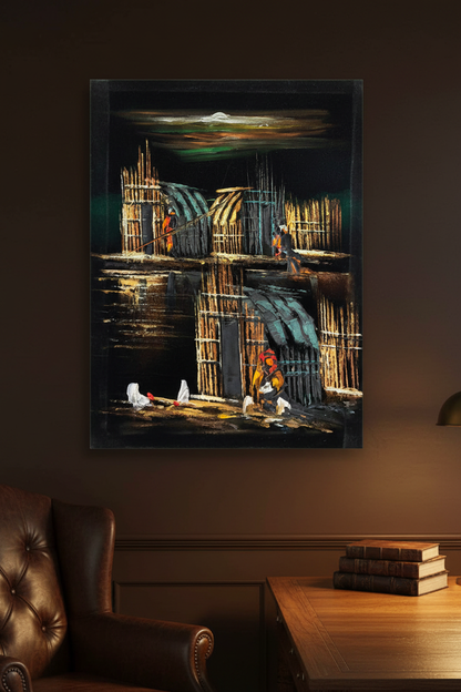 Marsh Builders at Night oil painting on dark espresso brown wall in masculine study with leather furniture — no frame, warm lifestyle art photography