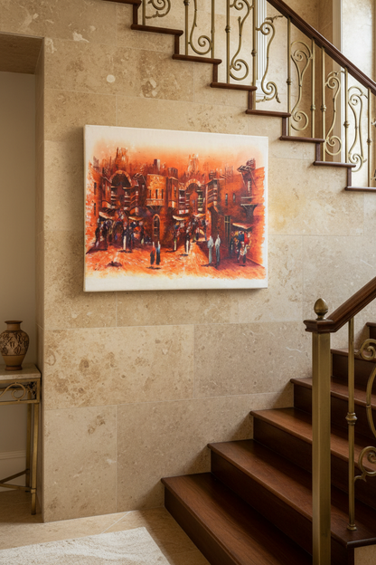 Middle Eastern bazaar oil painting hung on luxury home staircase wall, no frame, lifestyle display