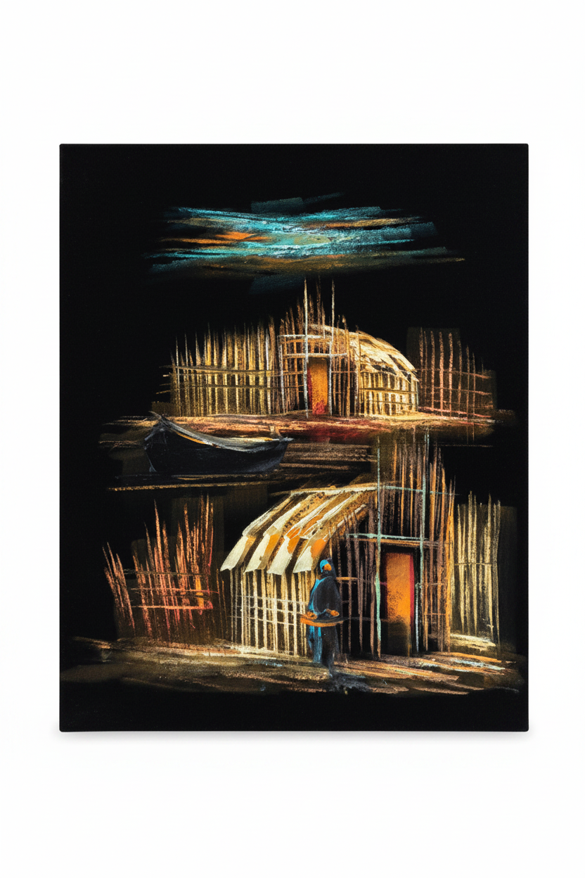 Marsh Village at Night oil painting isolated on pure white background — clean studio product shot, no frame, no props, portrait canvas