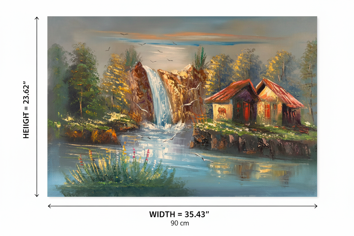 Dimension diagram of waterfall cabin oil painting showing width 35.43 inches 90 cm and height 23.62 inches 60 cm on white background