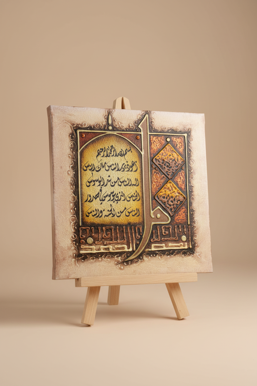 Surah Al-Nas canvas displayed on wooden art stand