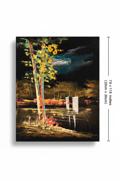 Autumn riverside night canvas art with size dimensions 7.9 x 11.8 inches 20cm x 30cm