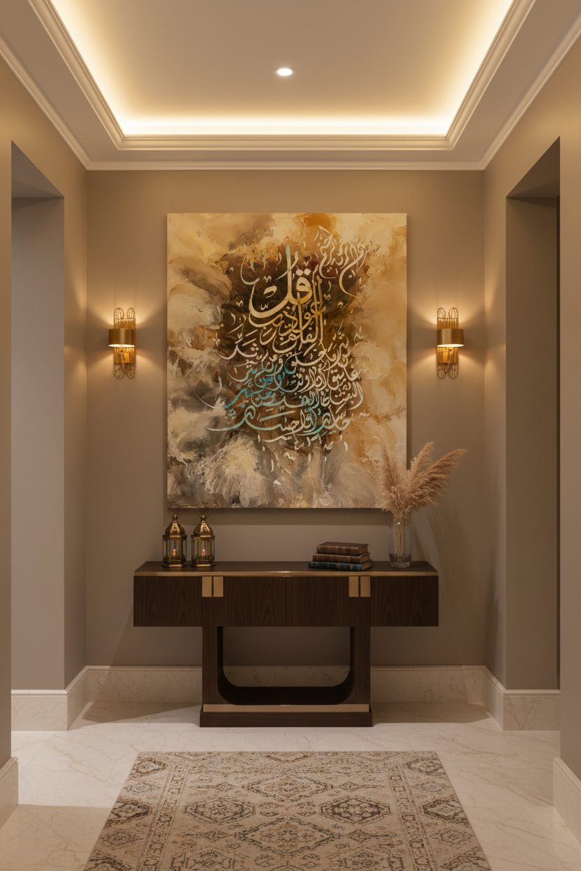 Frameless Arabic calligraphy canvas art displayed in elegant hallway