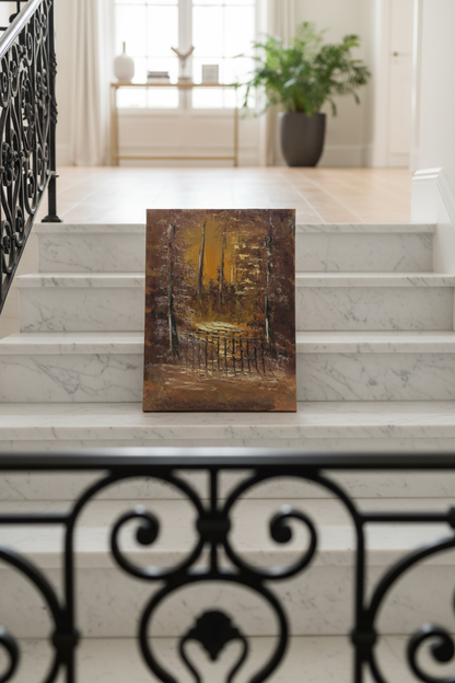 Original forest gate impasto oil painting leaning on marble staircase step in luxury home interior