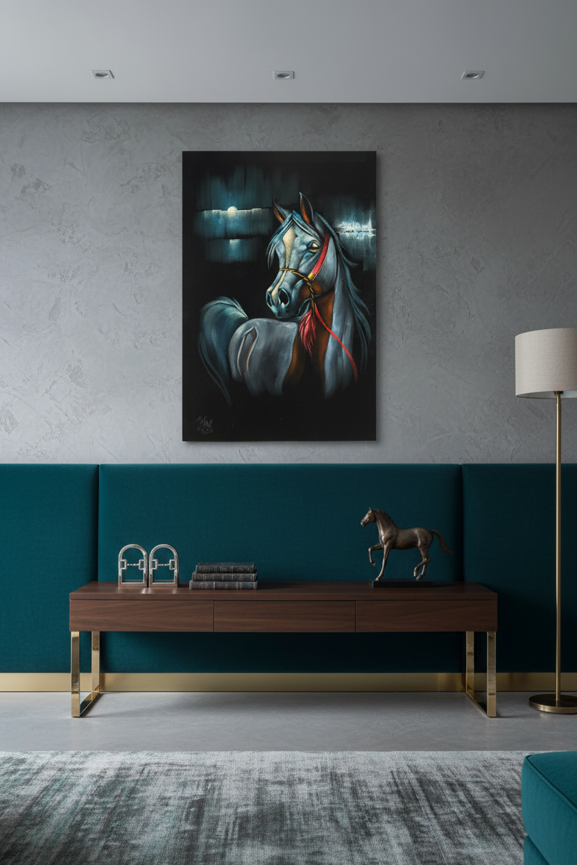 Moonlit grey Arabian horse portrait canvas art in sophisticated bedroom or sitting area — lifestyle interior mockup