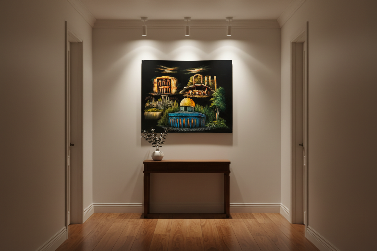 Dome of the Rock and Petra Heritage oil painting displayed in an elegant hallway — 39.4 x 31.5 inch canvas wall art