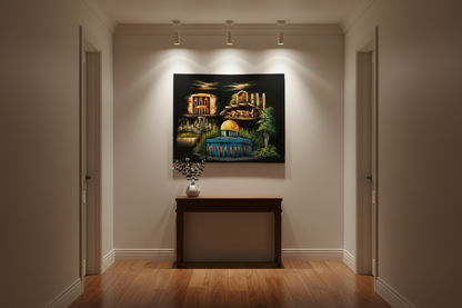 Dome of the Rock and Petra Heritage oil painting displayed in an elegant hallway — 39.4 x 31.5 inch canvas wall art