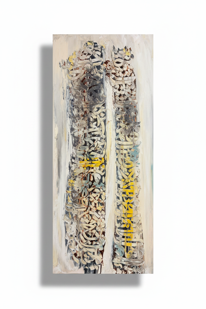 Arabic calligraphy dual column canvas wall art on white background with drop shadow, no frame, 39.37 x 15.75 inches