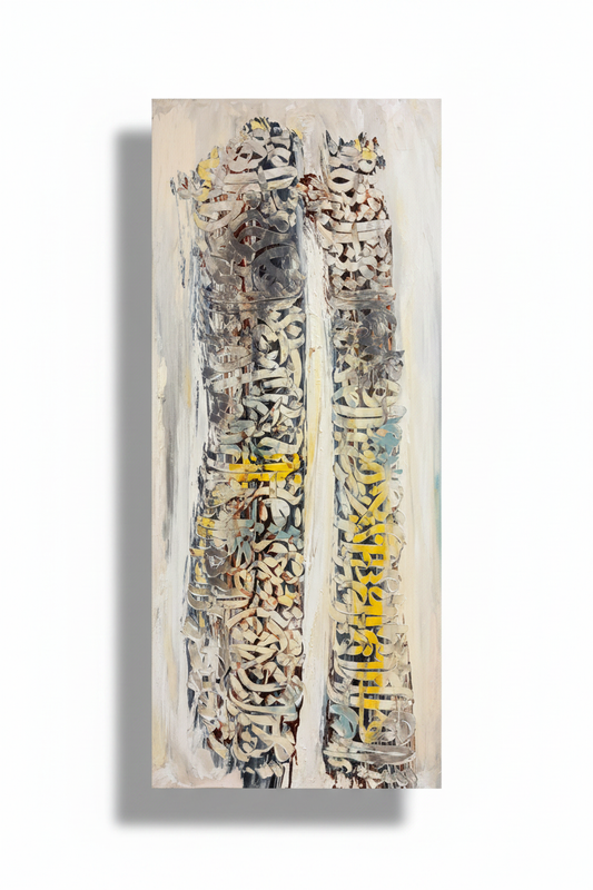 Arabic calligraphy dual column canvas wall art on white background with drop shadow, no frame, 39.37 x 15.75 inches