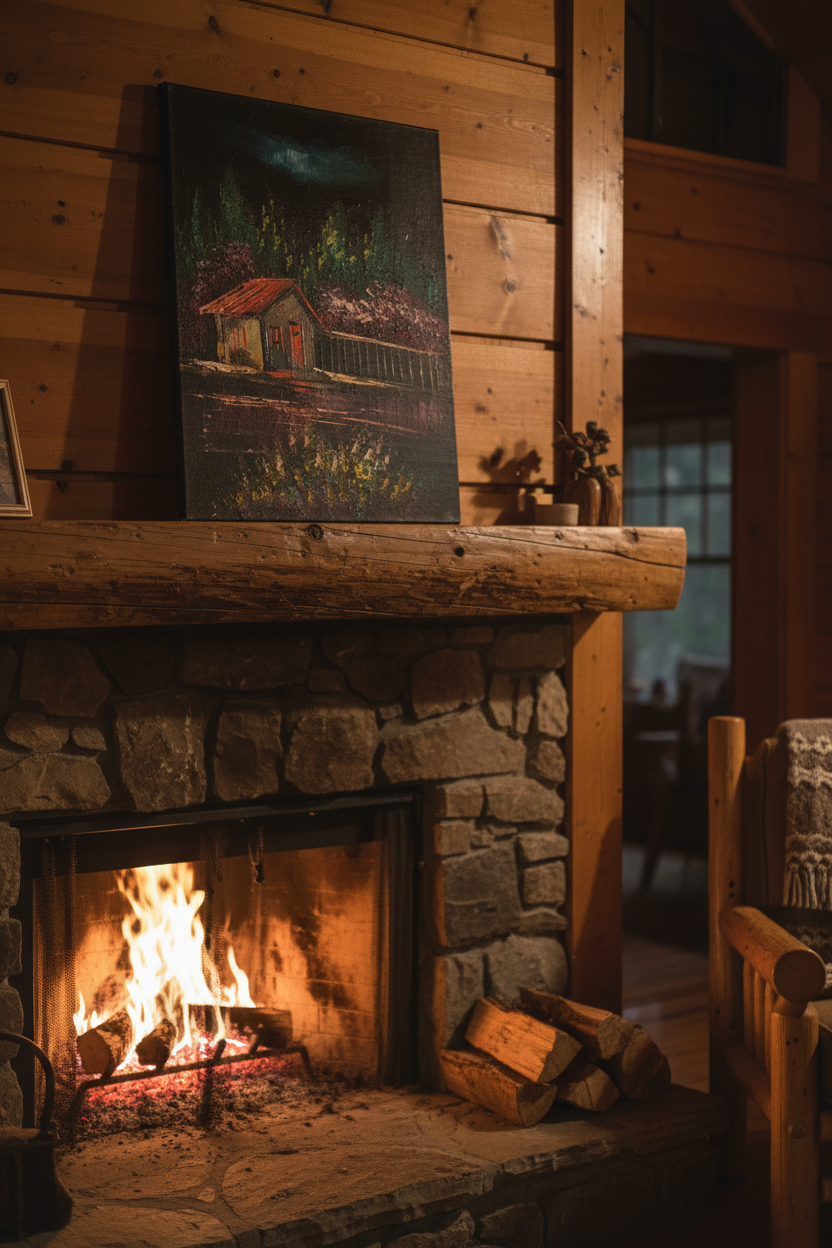 Moonlit forest cabin lake canvas art propped on rustic wooden shelf in cozy cabin interior lifestyle photo
