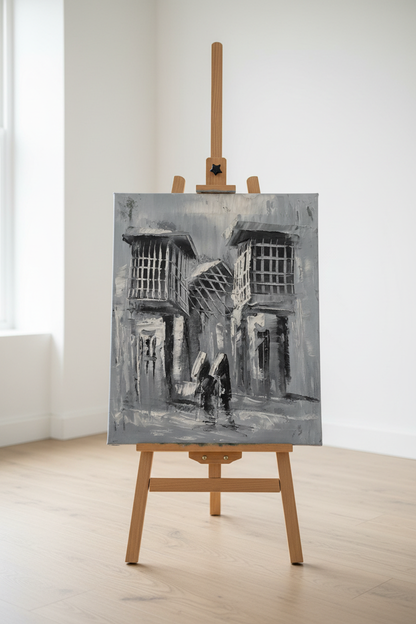 Original old city shanasheel monochromatic oil painting displayed on wooden easel stand in bright modern interior