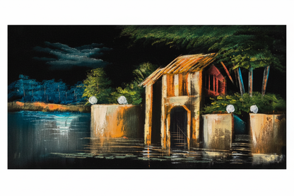 Lantern House original acrylic waterfront night painting on white background — no frame, 23.62 x 11.81 inches