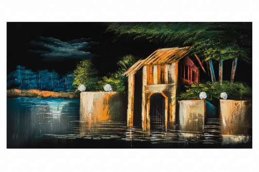 Lantern House original acrylic waterfront night painting on white background — no frame, 23.62 x 11.81 inches