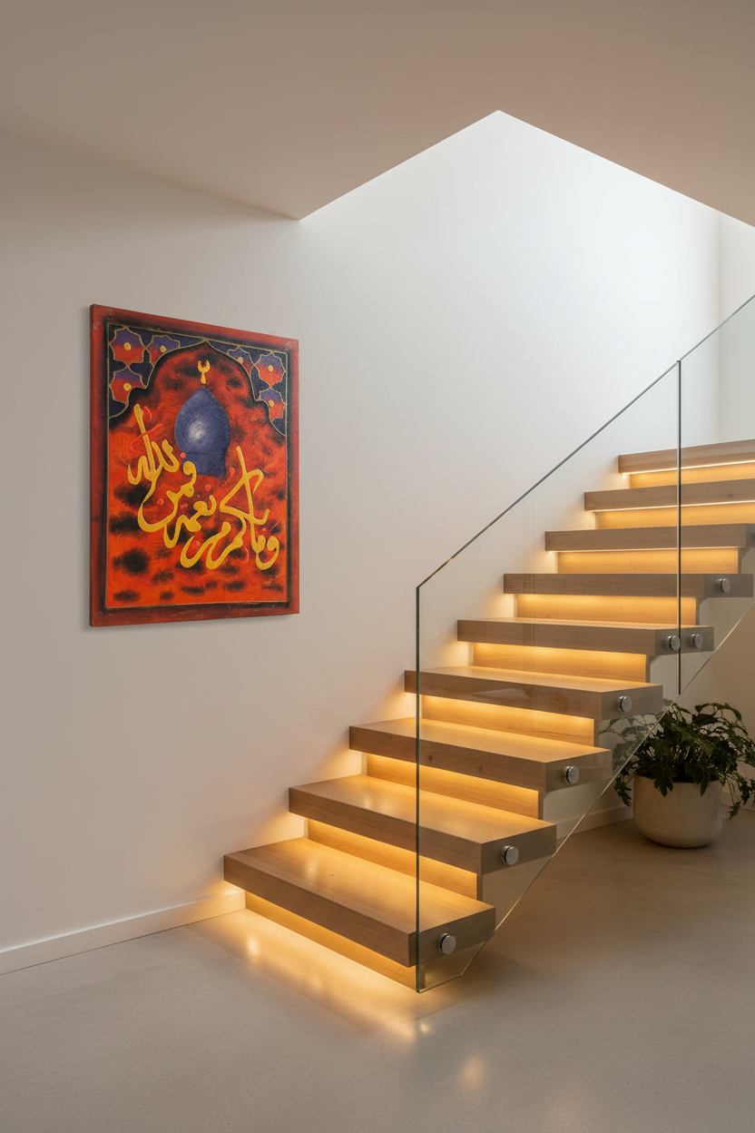 Fa Bi Ayyi Ala'i Rabbikuma Surah Ar-Rahman mosque dome panel mounted on staircase wall in elegant home interior