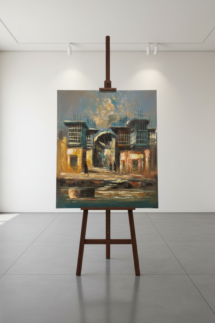 Ancient city gate oil painting displayed on a luxury wooden gallery easel stand