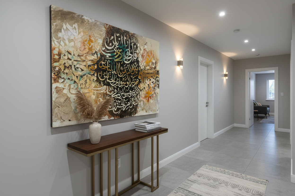 Surah An-Nas Islamic calligraphy canvas displayed in a modern hallway, no frame