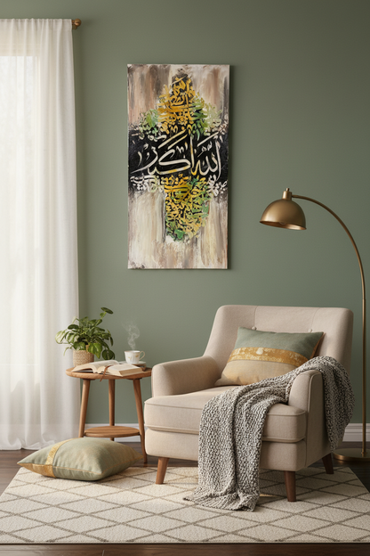 Allahu Akbar Islamic calligraphy canvas art in a cozy sitting area – lifestyle mockup, no frame