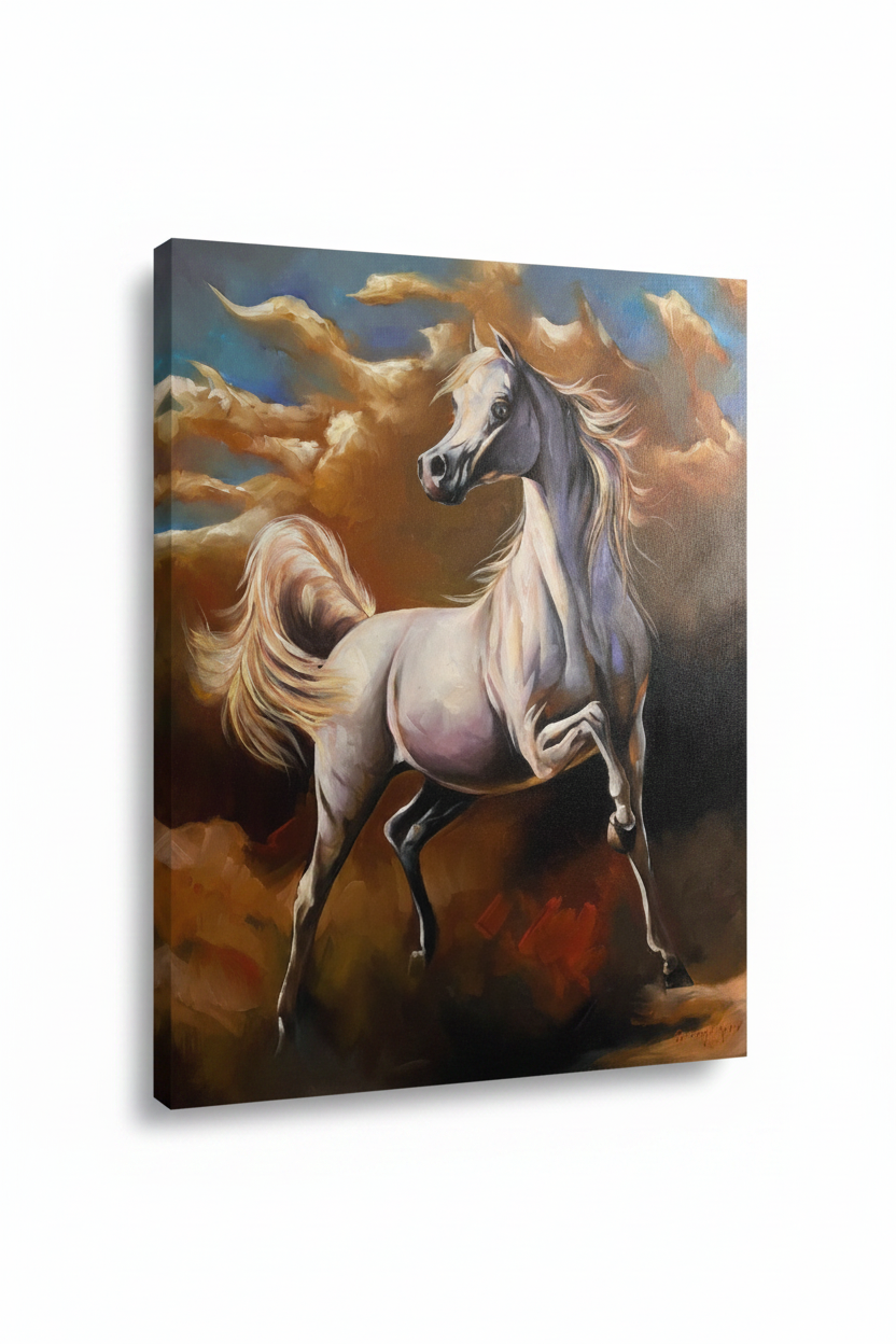 White Arabian horse rearing canvas isolated on white background with soft drop shadow
