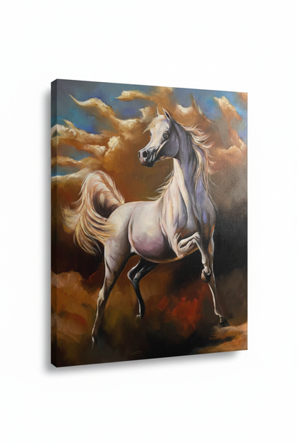 White Arabian horse rearing canvas isolated on white background with soft drop shadow