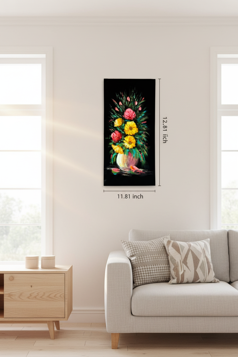 Original acrylic floral bouquet painting displayed unframed on a bright Scandinavian living room wall