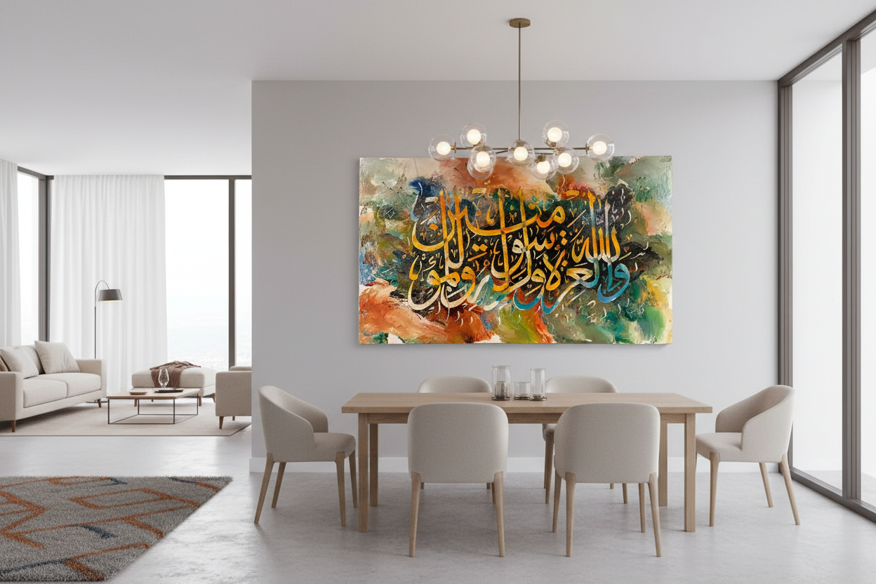Wallahu Wa Rasuluhu canvas displayed in open area dining room