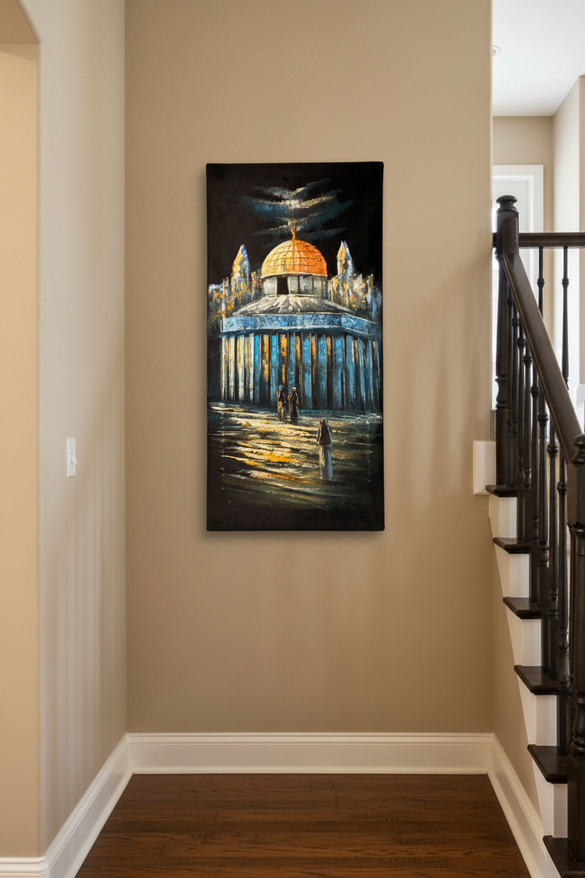 Dome of the Rock painting displayed in elegant staircase interior setting