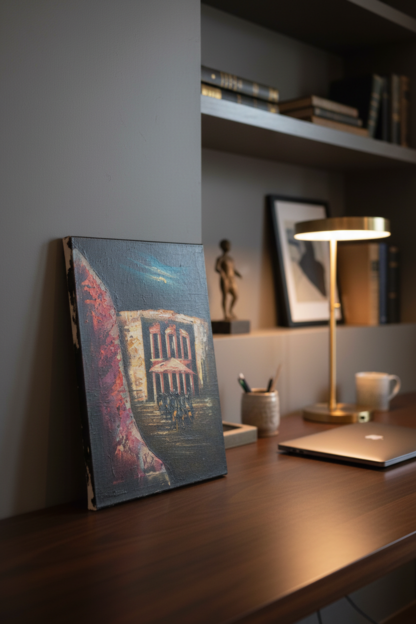 Petra canyon night canvas art propped on desk shelf in sophisticated home office study lifestyle photo