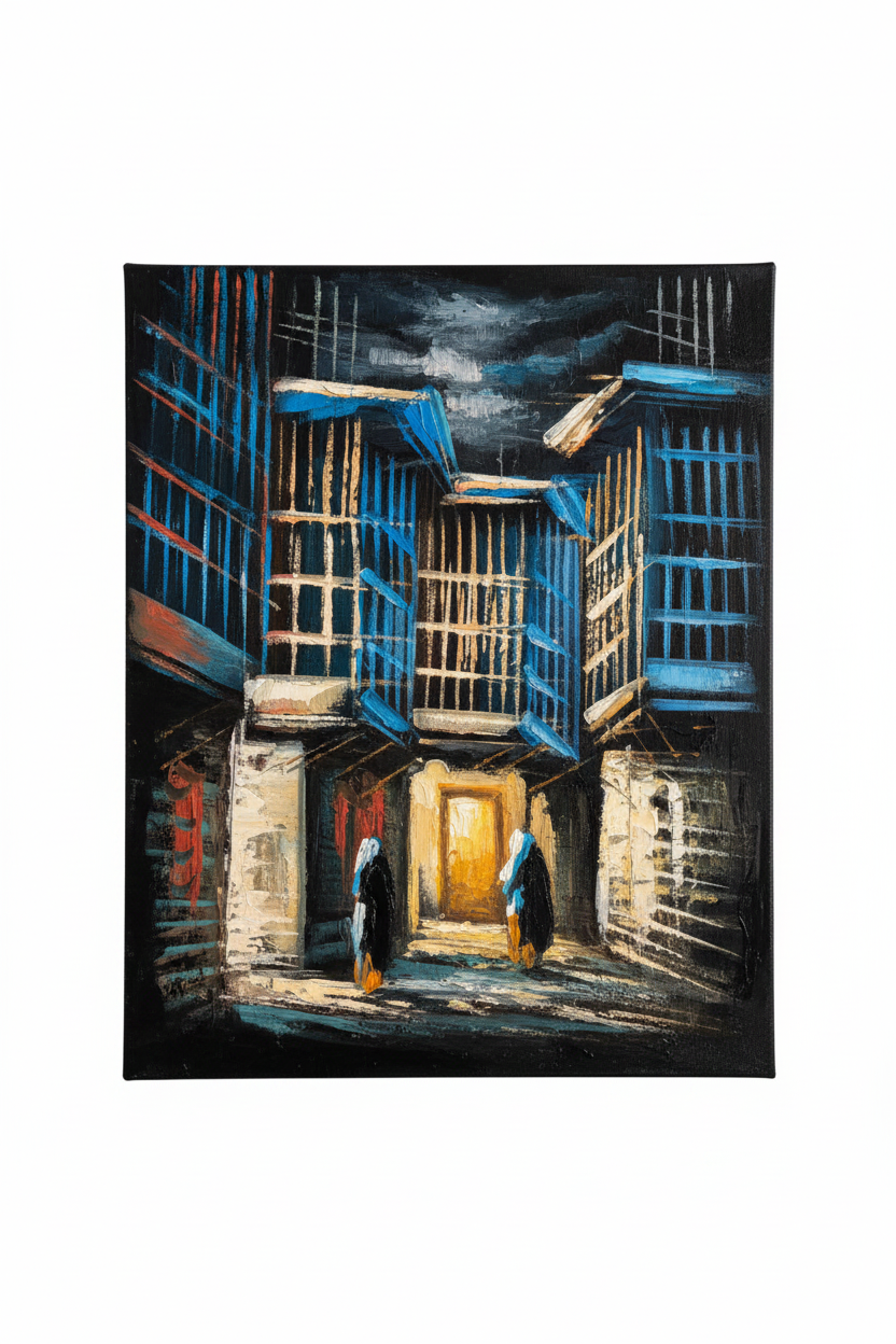 Blue mashrabiya alleyway night old city heritage canvas art on white background product photo