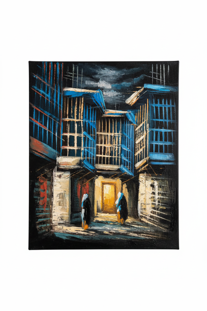 Blue mashrabiya alleyway night old city heritage canvas art on white background product photo