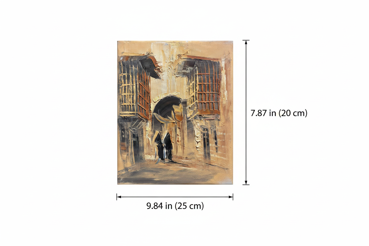 Dimension diagram showing 9.84 inch width and 7.87 inch height of the alleyway oil painting canvas