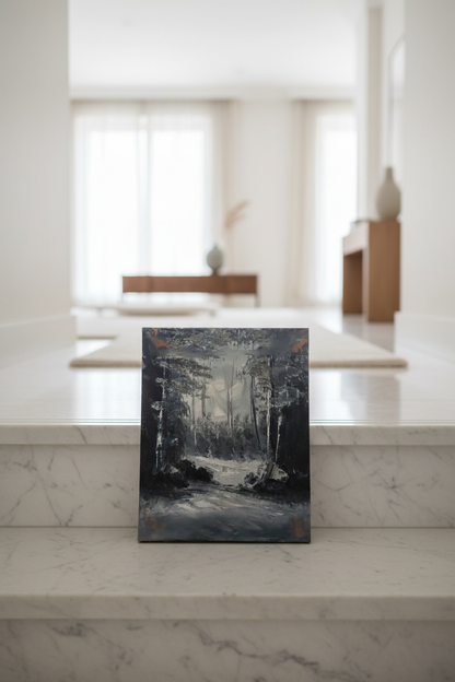 Original dark forest impasto oil painting leaning on marble staircase step in luxury home interior