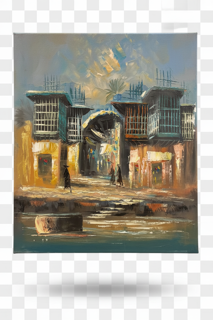 Ancient city gate oil painting isolated on transparent background with natural drop shadow