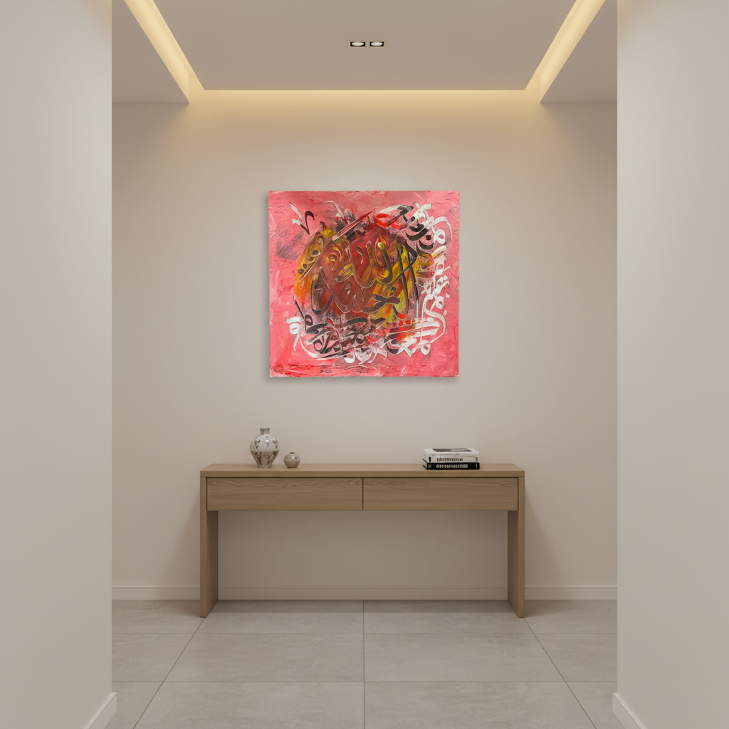 Allah rose pink square canvas art displayed in a modern hallway, no frame