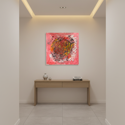 Allah rose pink square canvas art displayed in a modern hallway, no frame