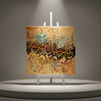 Quranic verse gold teal copper amber square canvas art 15.75x15.75 inches (40x40cm) on a minimalist stage area shelf, no frame