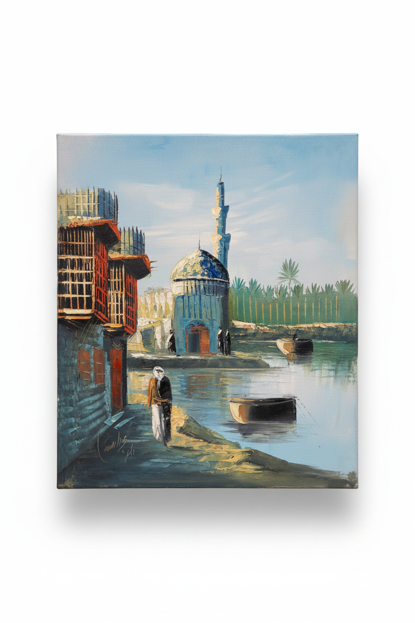 Riverside mosque oil painting isolated on white background with drop shadow, no frame, raw portrait canvas edges