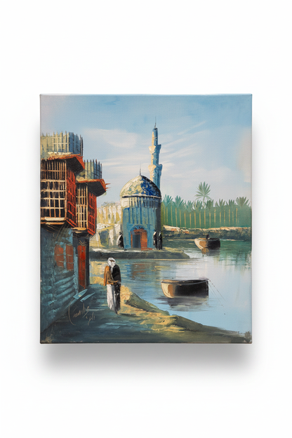 Riverside mosque oil painting isolated on white background with drop shadow, no frame, raw portrait canvas edges