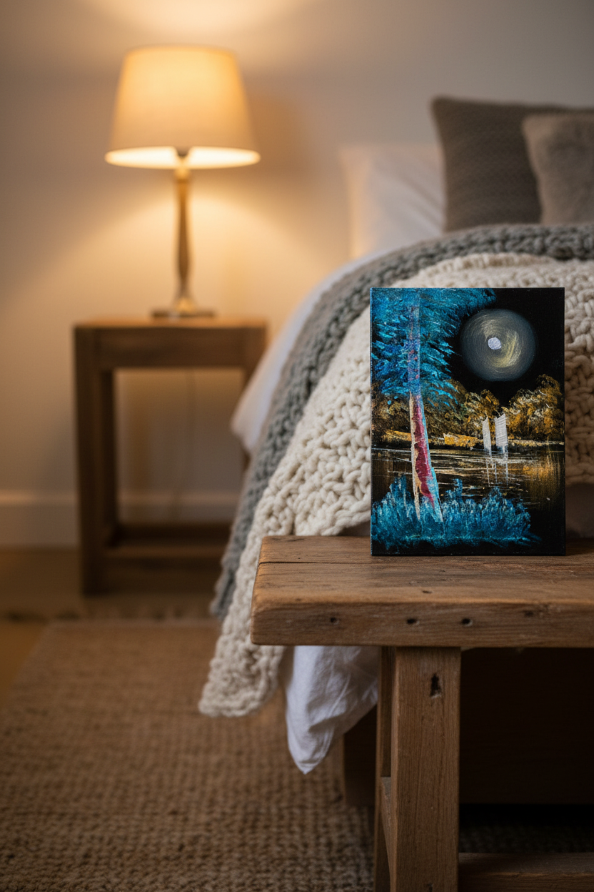 Giant full moon forest lake canvas art propped on rustic wooden shelf in cozy warm bedroom lifestyle photo