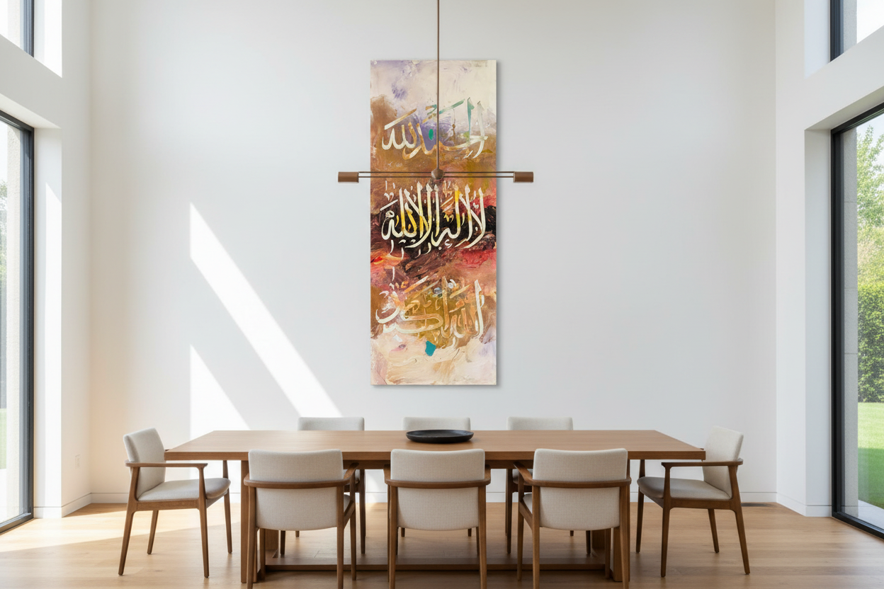La Ilaha Illallah Islamic calligraphy canvas wall art in a spacious open area showing scale, no frame