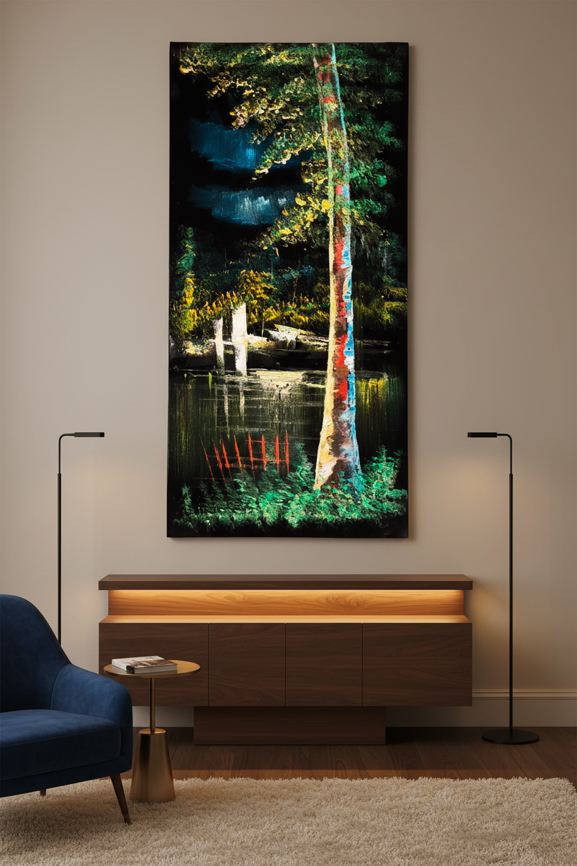 Colorful Birch painting displayed in luxury living room area setting