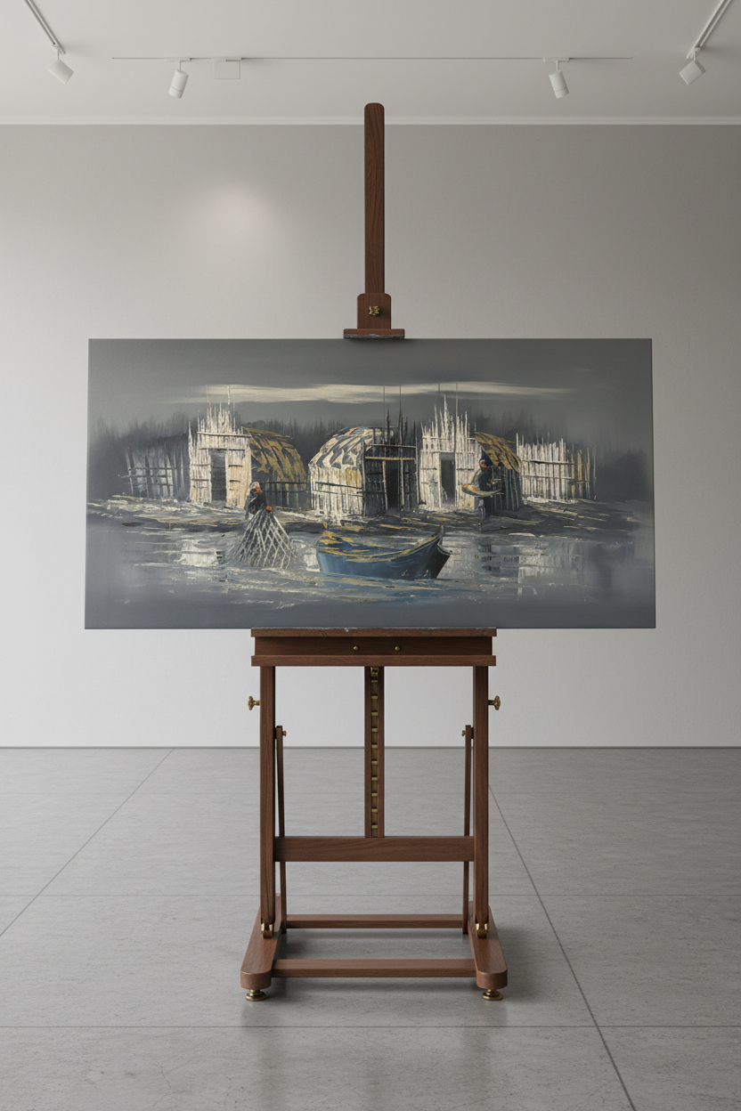 Village at the Water’s Edge oil painting displayed on art easel stand