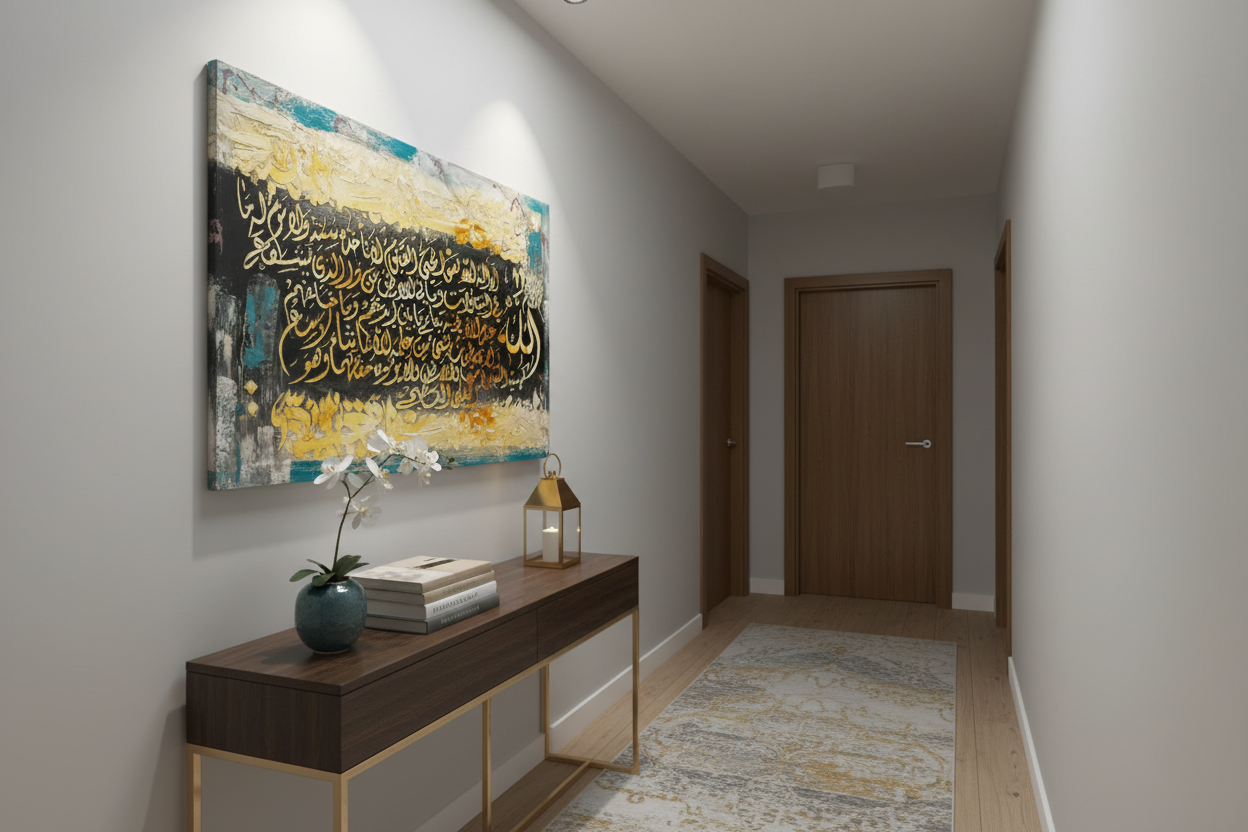 Ayat al-Kursi gold calligraphy canvas displayed in a modern hallway, no frame