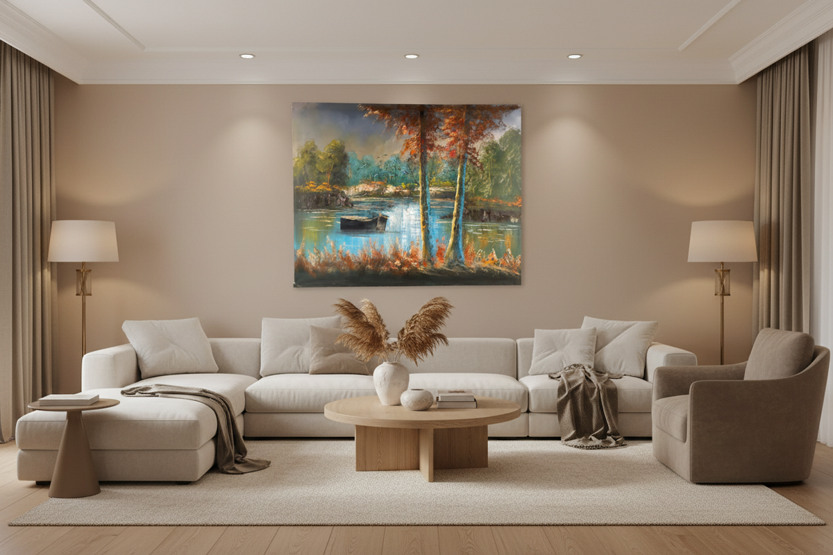 Original autumn woodland oil painting hanging in a luxury family room — frameless wall art, 39.37 x 31.50 inches