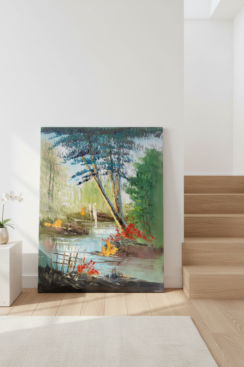 Pond painting leaning against wall near stairs in luxury home interior