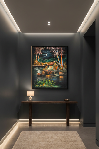 Moonlit lakeside boathouse night scene canvas art staged in a stylish home hallway
