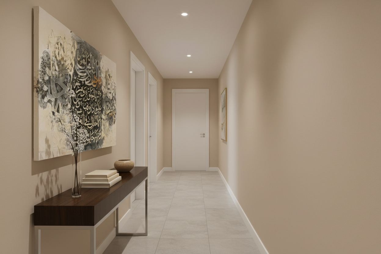 Surah Al-Falaq calligraphy canvas displayed in a modern hallway, no frame